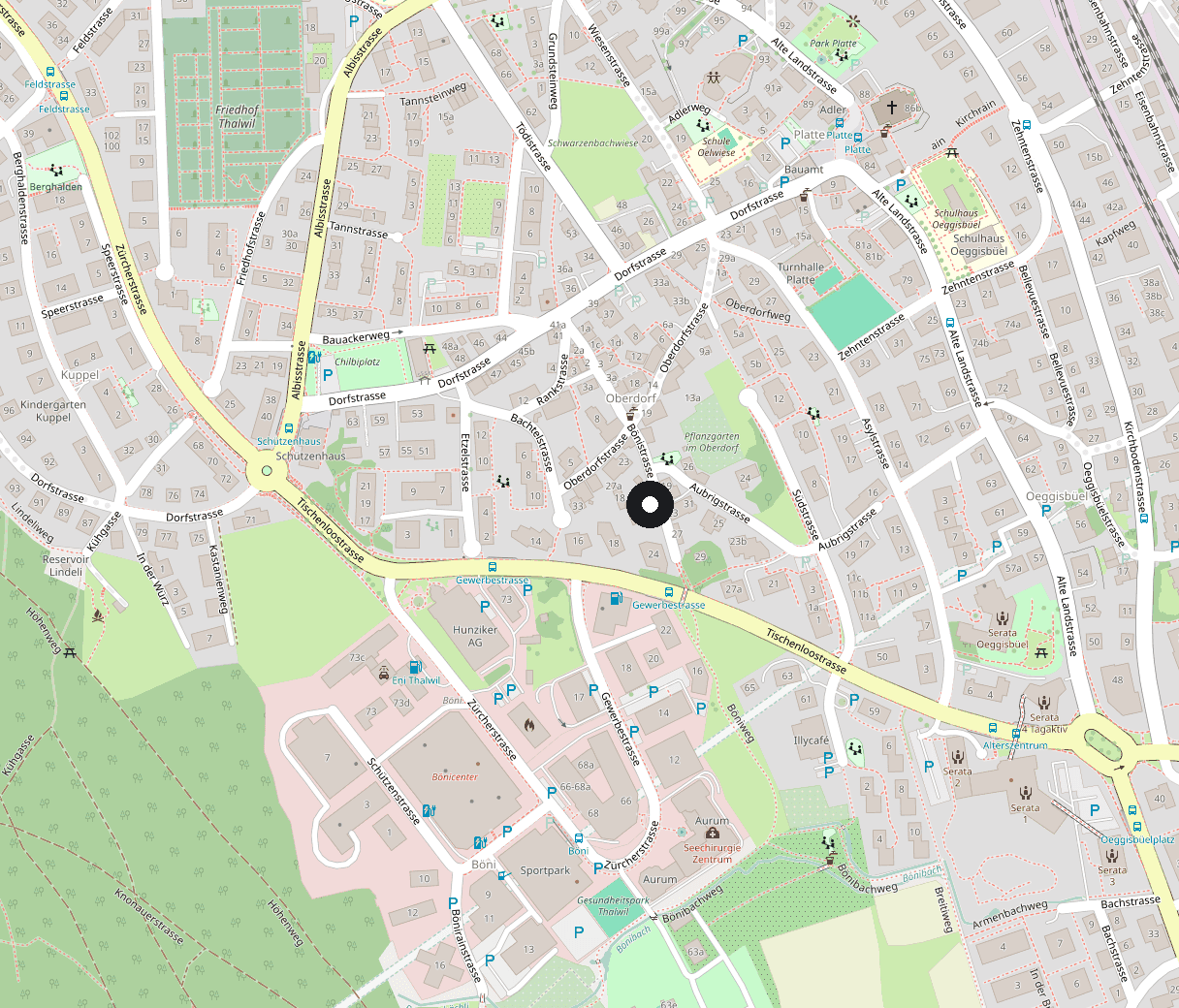 Karte mit der Werkstatt PLUS an der Bönistrasse 20 in Thalwil